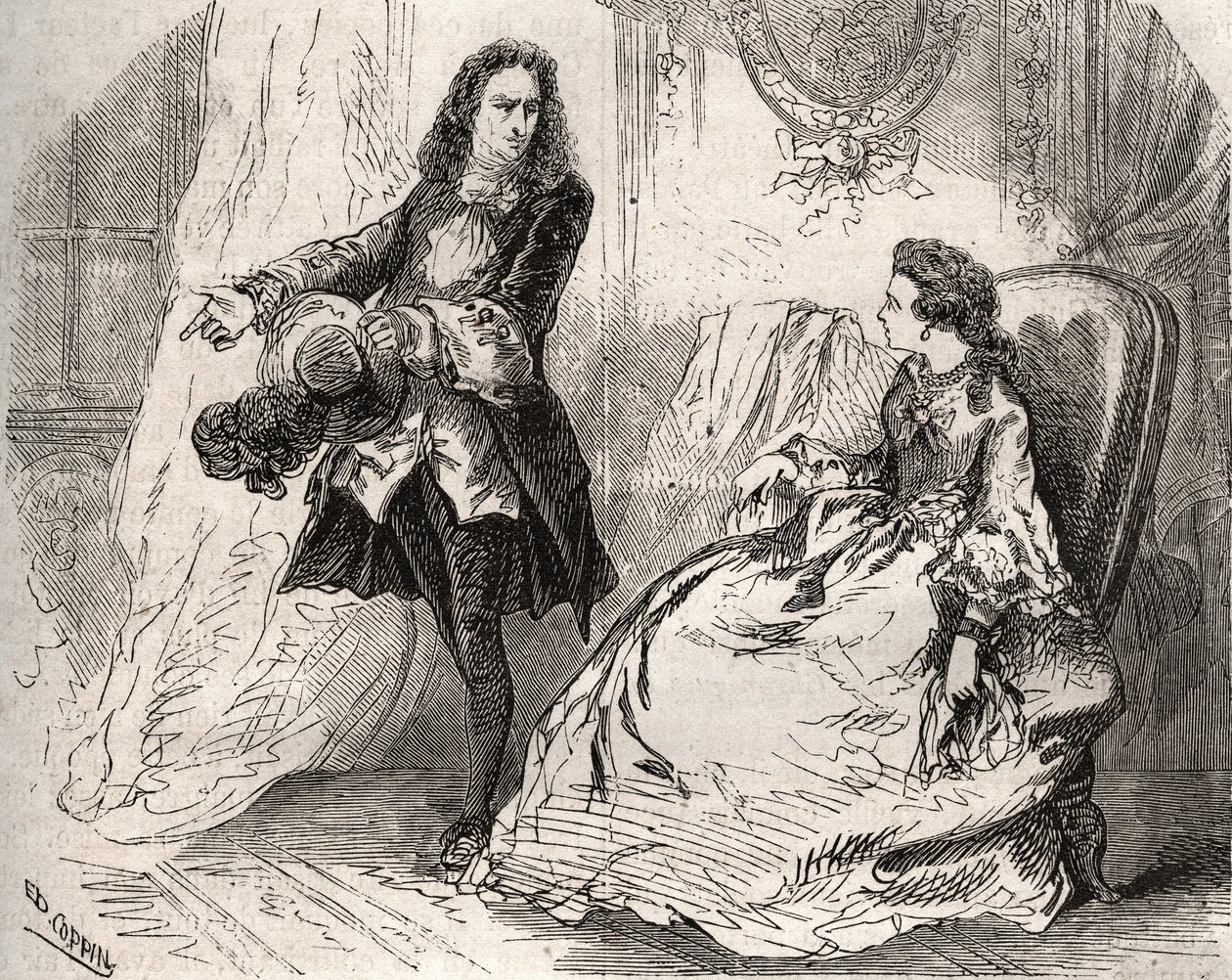Armande Bejart (1641-1700), manželka Jean Baptiste Poquelin dit Moliere (1622-1673) se svým milencem, hrabětem z Guiche, rytina z roku 1871 v „Histoire Des Cocus Celebres““ od Henryho de Kocka (1819-1892). od French School