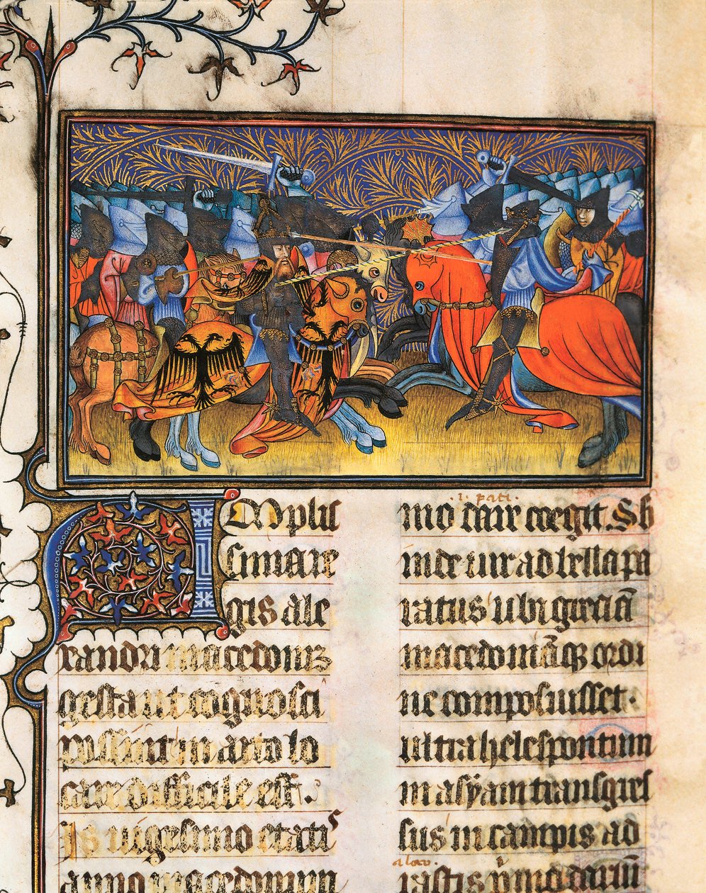 Armee bojovník. Miniatura převzata z rukopisu Francesca Petrarcy nebo Petrarcy (1304-1374) italského erudovaného básníka a humanisty, De Viris Illustribus,, 23rv. Univerzitní knihovna ve Valencii. od French School