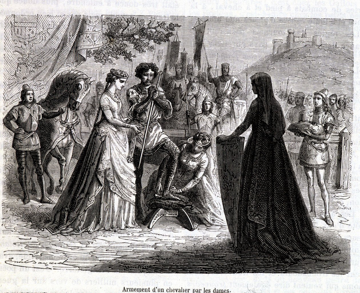 Vyzbrojení rytíře dámami v 11. století - v "Histoire de France" od Martina od French School