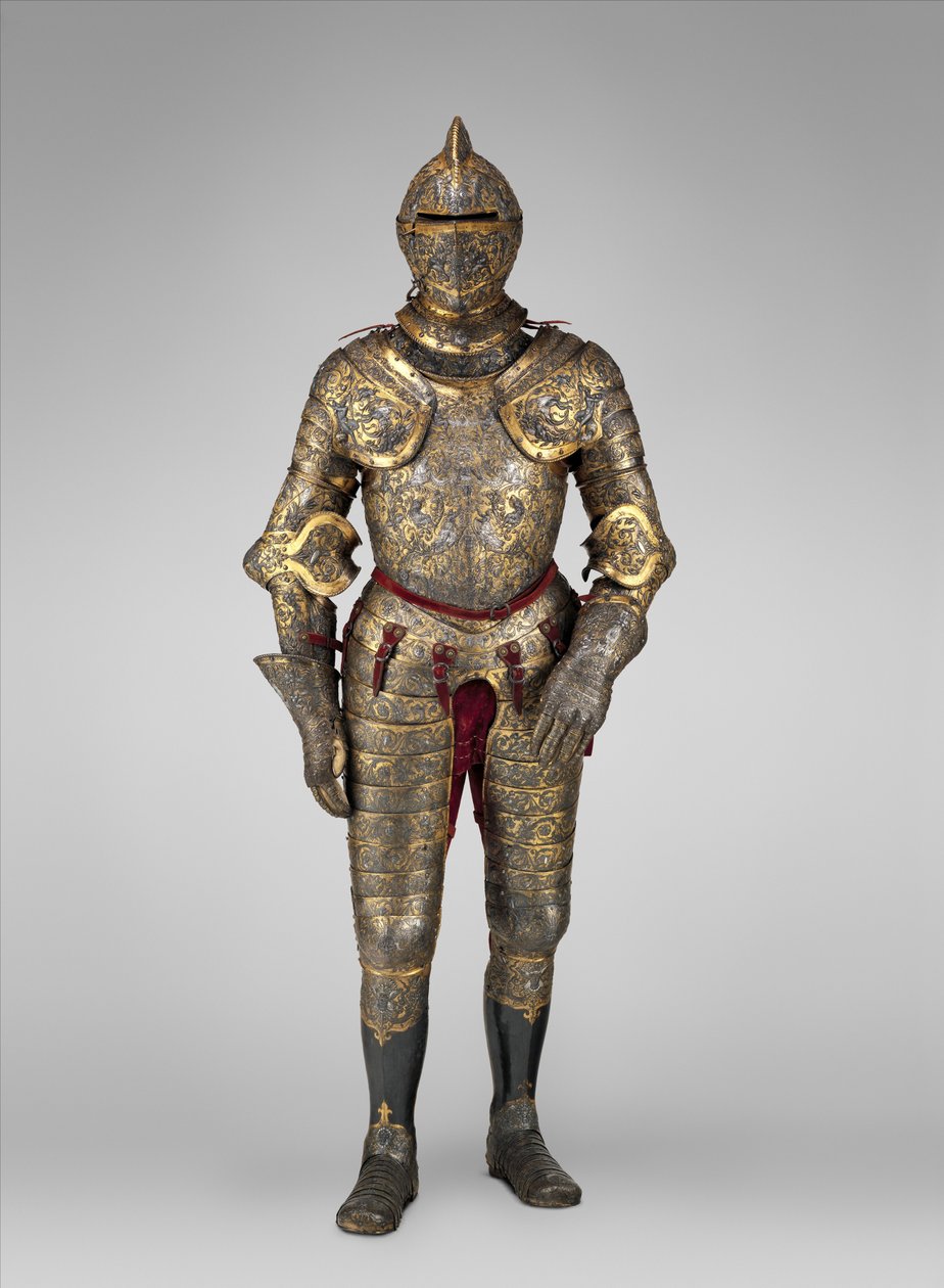 Brnění Jindřicha II., francouzského krále (vládl 1547–59), kolem roku 1555 (ocel, zlato, stříbro, kůže, textil)   Datum: cca. 1555 Střední: Ocel, zlato, stříbro, kůže, textil od French School