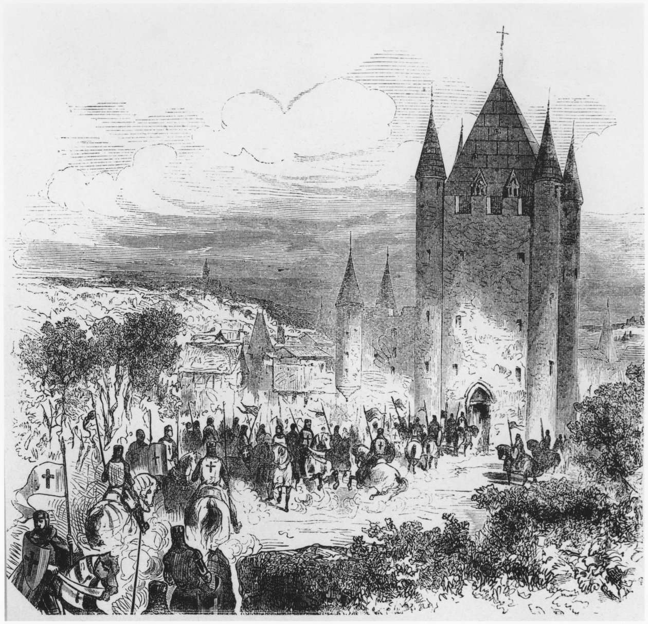 Vojsko templářů vstupující do pařížského chrámu, ilustrace pro Histoire de France, polovina 19. století od French School