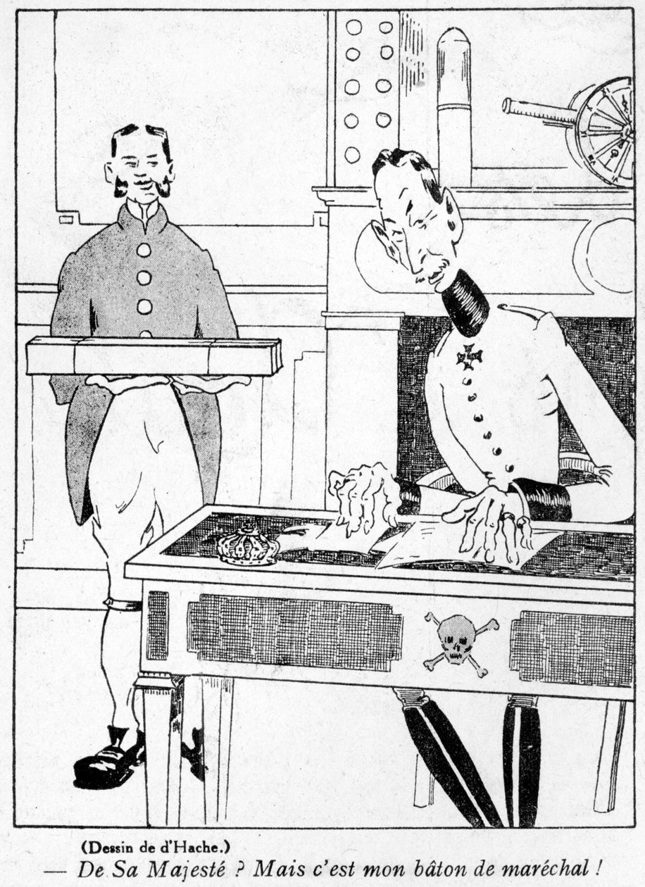 Armádní důstojník přebírající obušek Marshals od Kaisera, karikatura z vydání časopisu La Baionette z dubna 1917 (Poisson dAvril), 29. března 1917 od French School