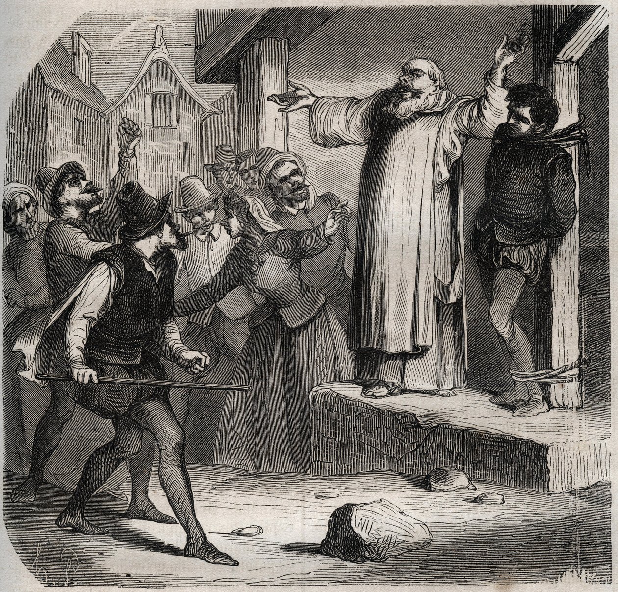 Arnaud du Tilh (Thil) je před popravou připoután k šibenici a vystaven urážkám davu za uzurpování identity Martina Guerra (kolem roku 1524 kolem roku 1560). Rytina z roku 1871 v „Histoire Des Cocuses Celebres““ od Henryho de Kocka (181 od French School
