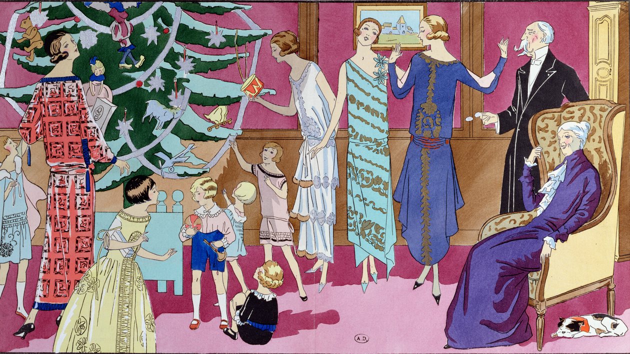 Kolem vánočního stromu, módní talíř z časopisu Art Gout Beaute, prosinec 1923 od French School