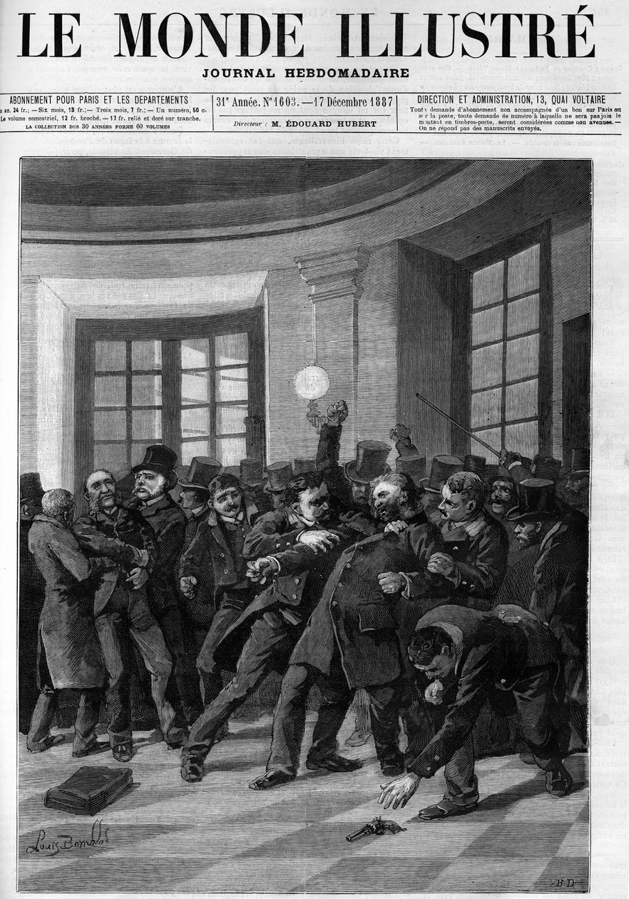Zatčení Aubertina po jeho pokusu o útok na Jules Ferry v Palais Bourbon v roce 1887. Obálka „The Illustrious World““ z roku 1887. od French School