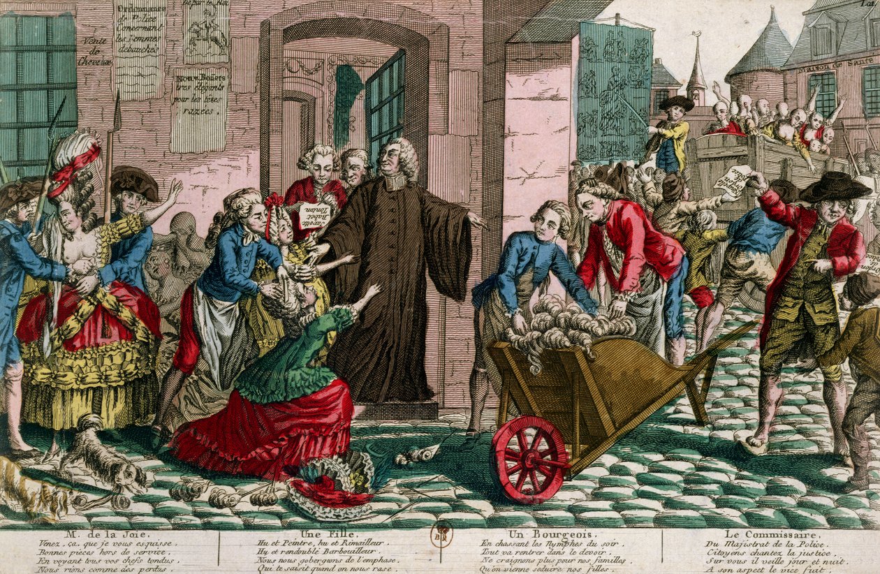 Zatýkání prostitutek policií v Paříži, asi 1759 (barevná rytina) od French School