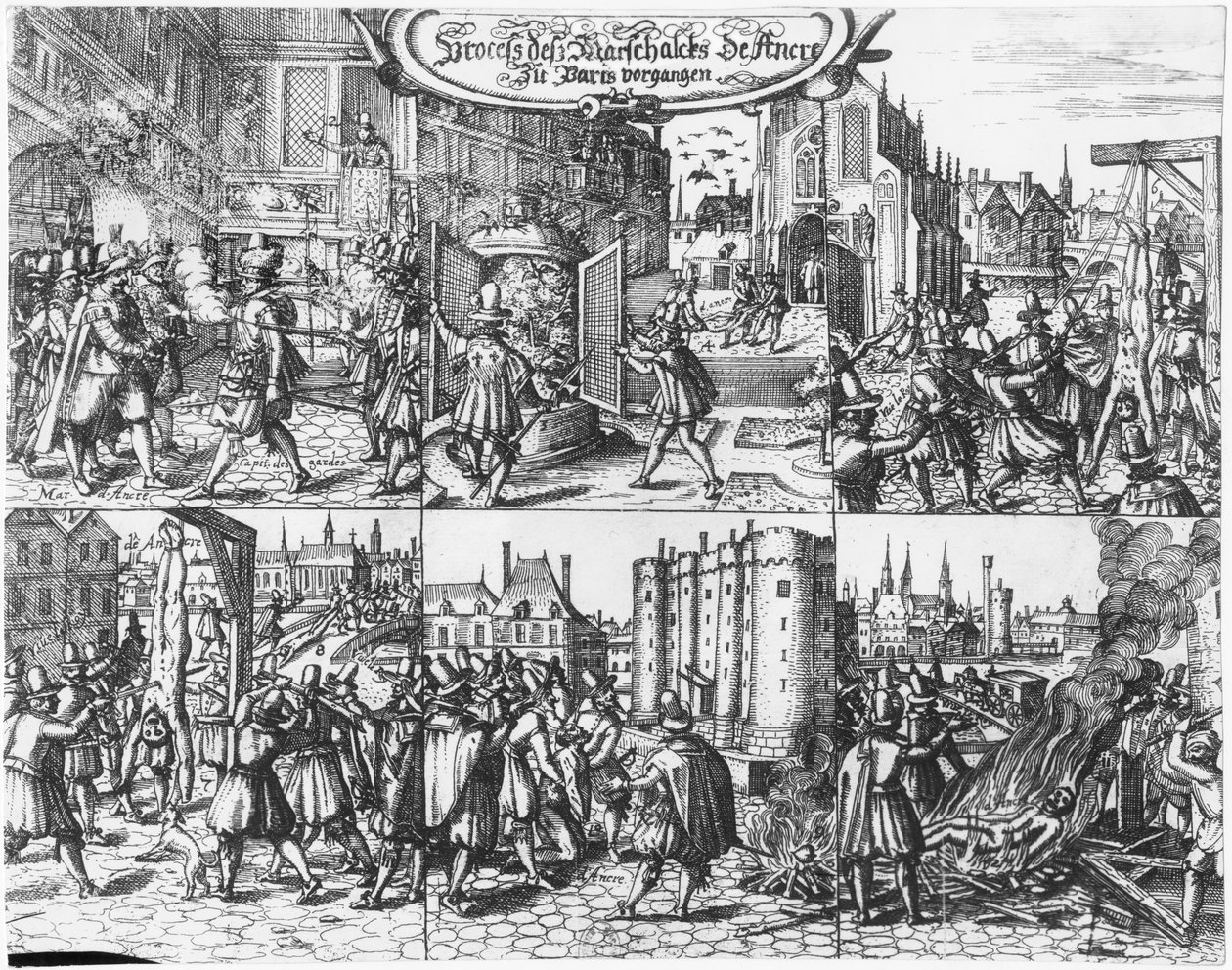 Zatčení, soud a mučení Concina Conciniho, markýze a maršála z Ancre 24. dubna 1617 od French School