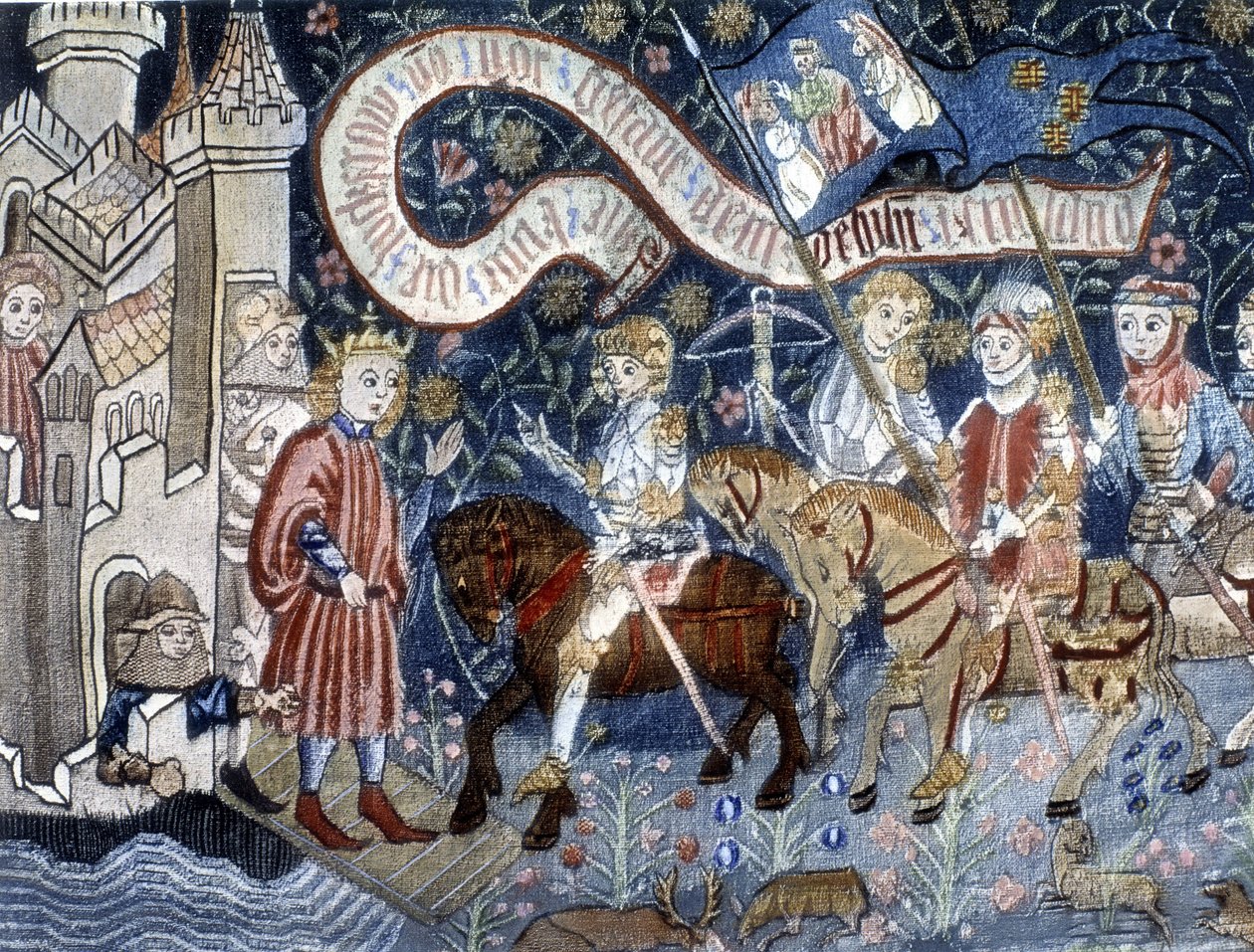 Příjezd Johanky z Arku na hrad Chinon 6. března 1428. Tapisérie z 15. století. Muzeum Jeanne d