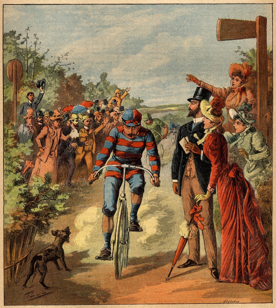 Příjezd cyklistického závodu na francouzský venkov. Rytina v „“ La Terre Illustree““ č. 81 z 19. května 1892. od French School