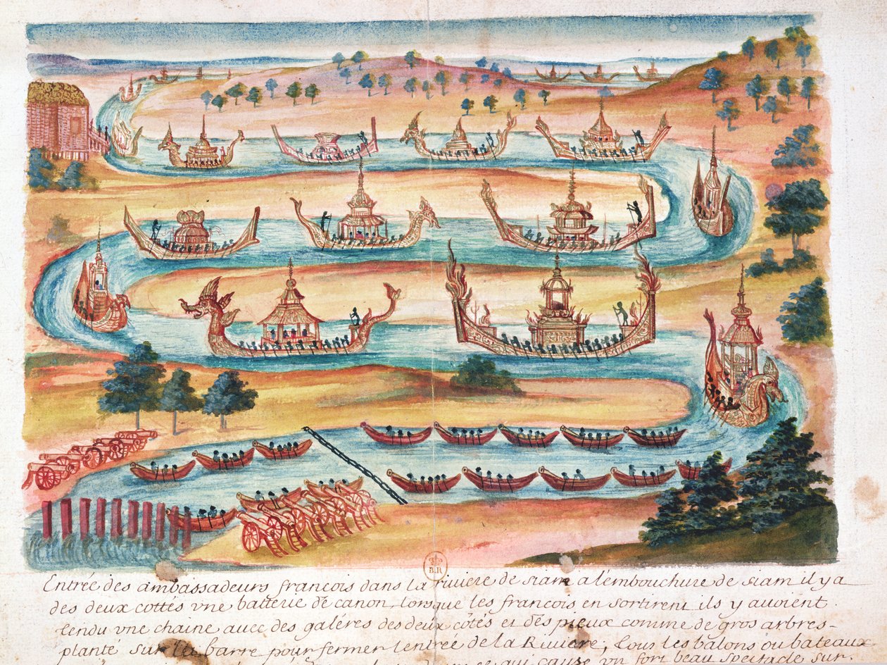 Příjezd francouzských velvyslanců do Siamu, z popisu jezuitů v Siamu, 1688 (wc na papíře) od French School