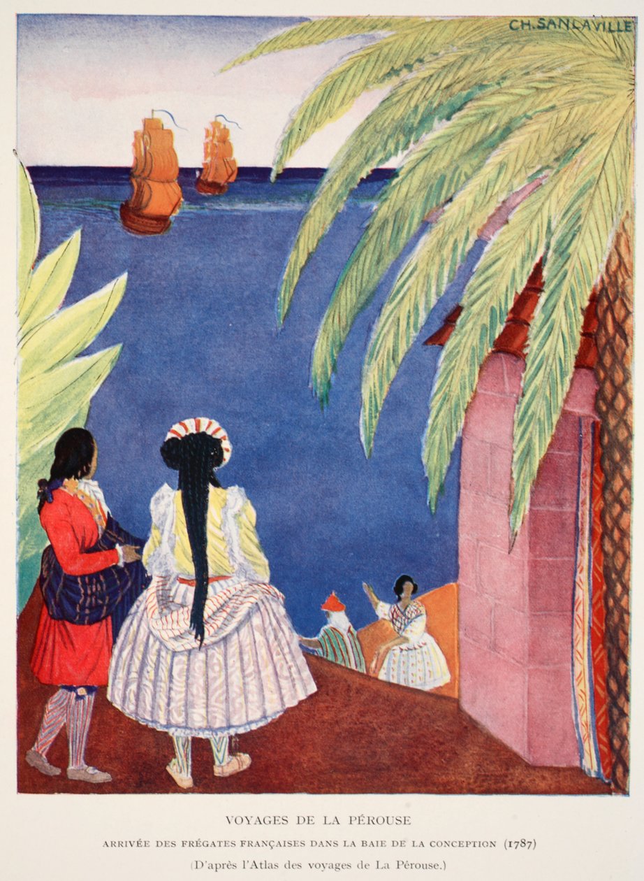 Příjezd francouzských fregat do Conceptionského zálivu, Perouseho cesty, kopie M. Charles Sanlaville (fl.1920-30), ilustrace z Histoire de la Nation Francaise od Gabriela Hanotauxe (1853-194). od French School