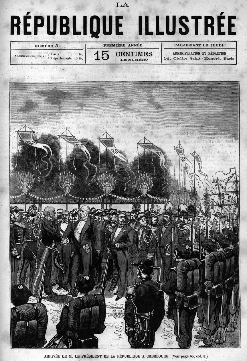 Příjezd prezidenta republiky Julese Grévyho (1807-1891) na oslavy Cherbourgu. Noviny. Rytina z roku 1880 v soukromé sbírce „La republique illustree“. od French School