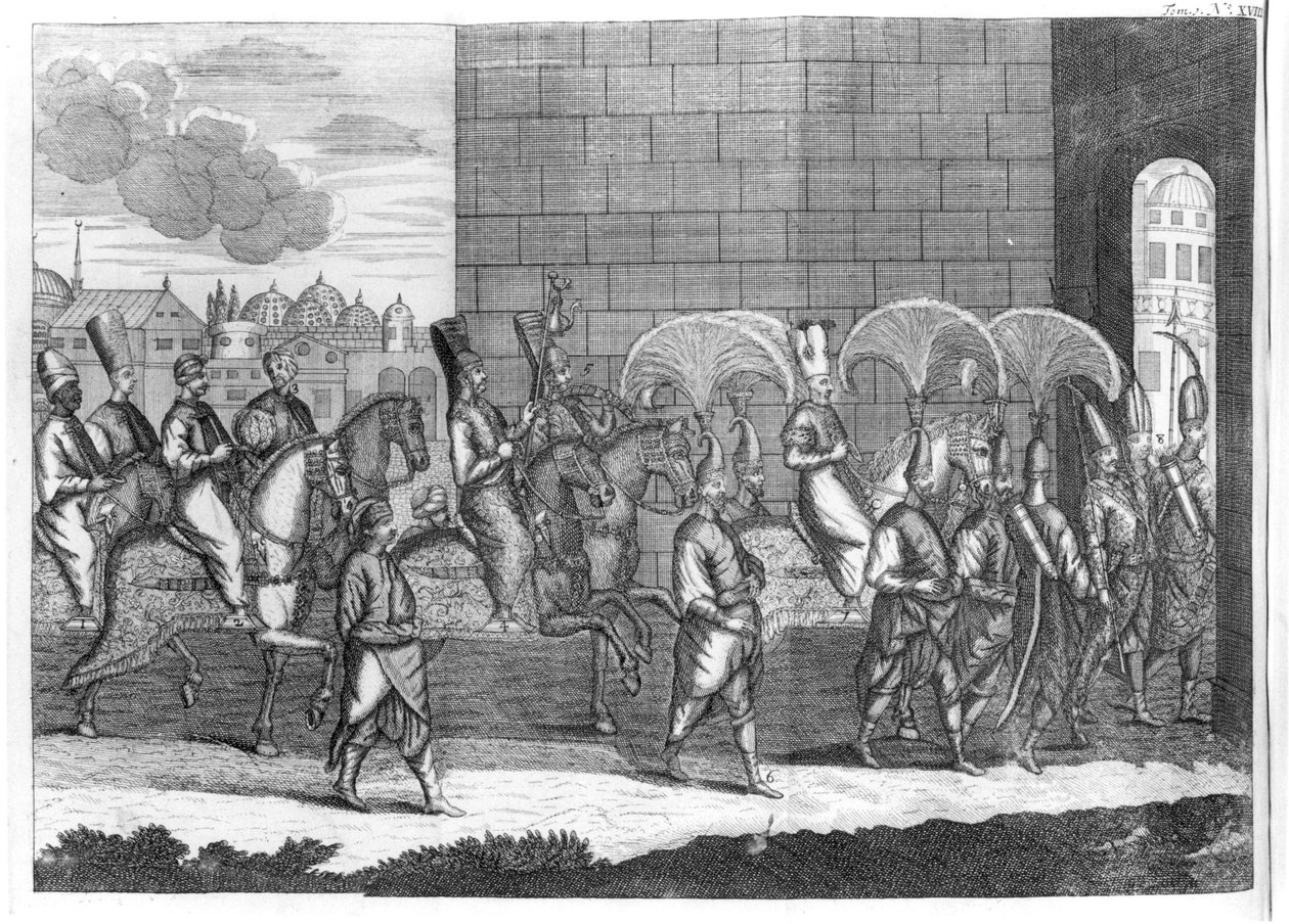 Příjezd sultána Mustafy do Konstantinopole z plaveb Sr A. de la Motraye v Evropě, Asii a Africe, publikováno 1727 od French School