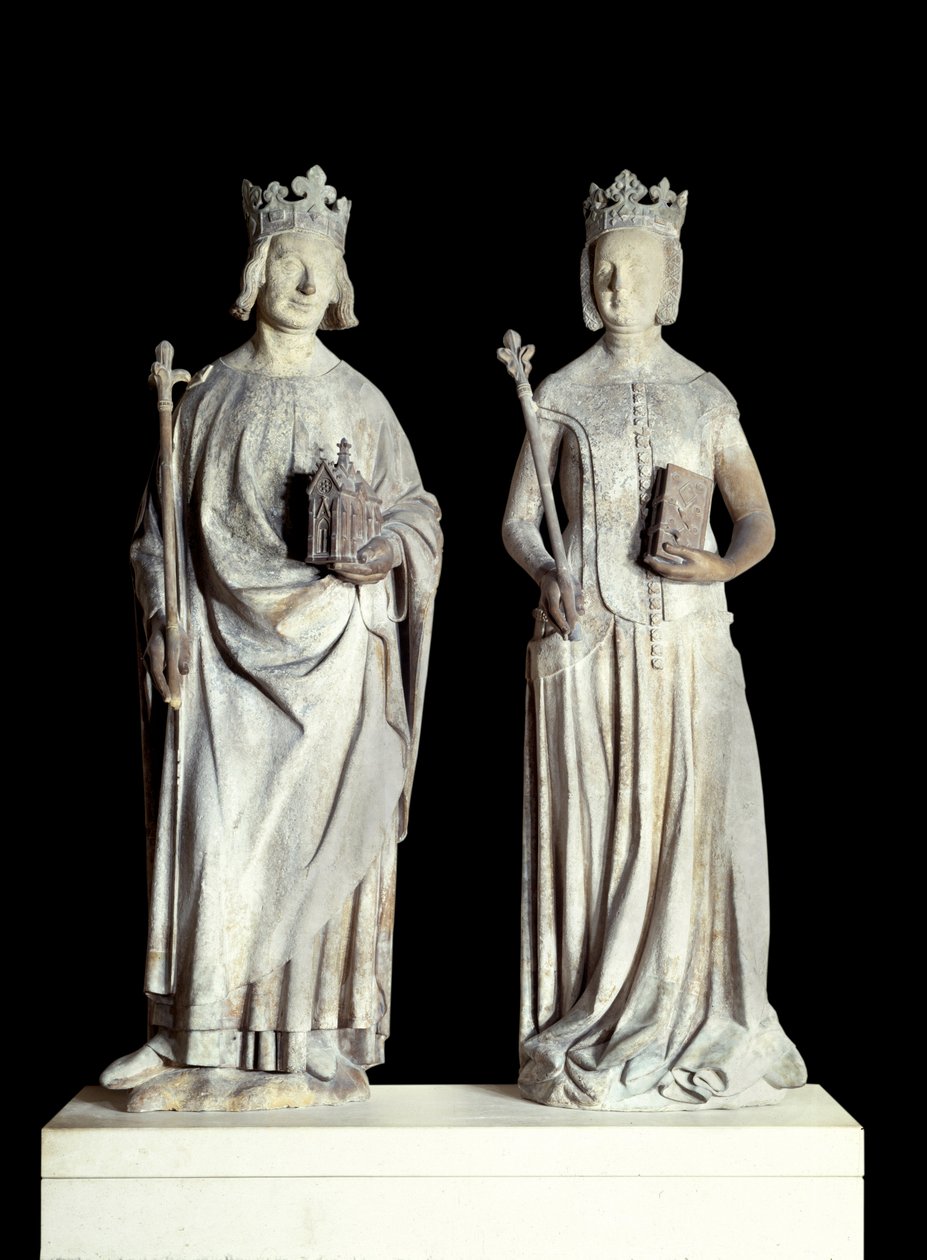 Umění Francie: Sochy francouzského krále Karla V. známého jako Karel Moudrý (1338-1380) a francouzské královny Jeanne de Bourbon (1337-1378). Socha ve vápenci ze 14. století. Pravděpodobně z fasády východního vchodu do Louvru (dekor od French School