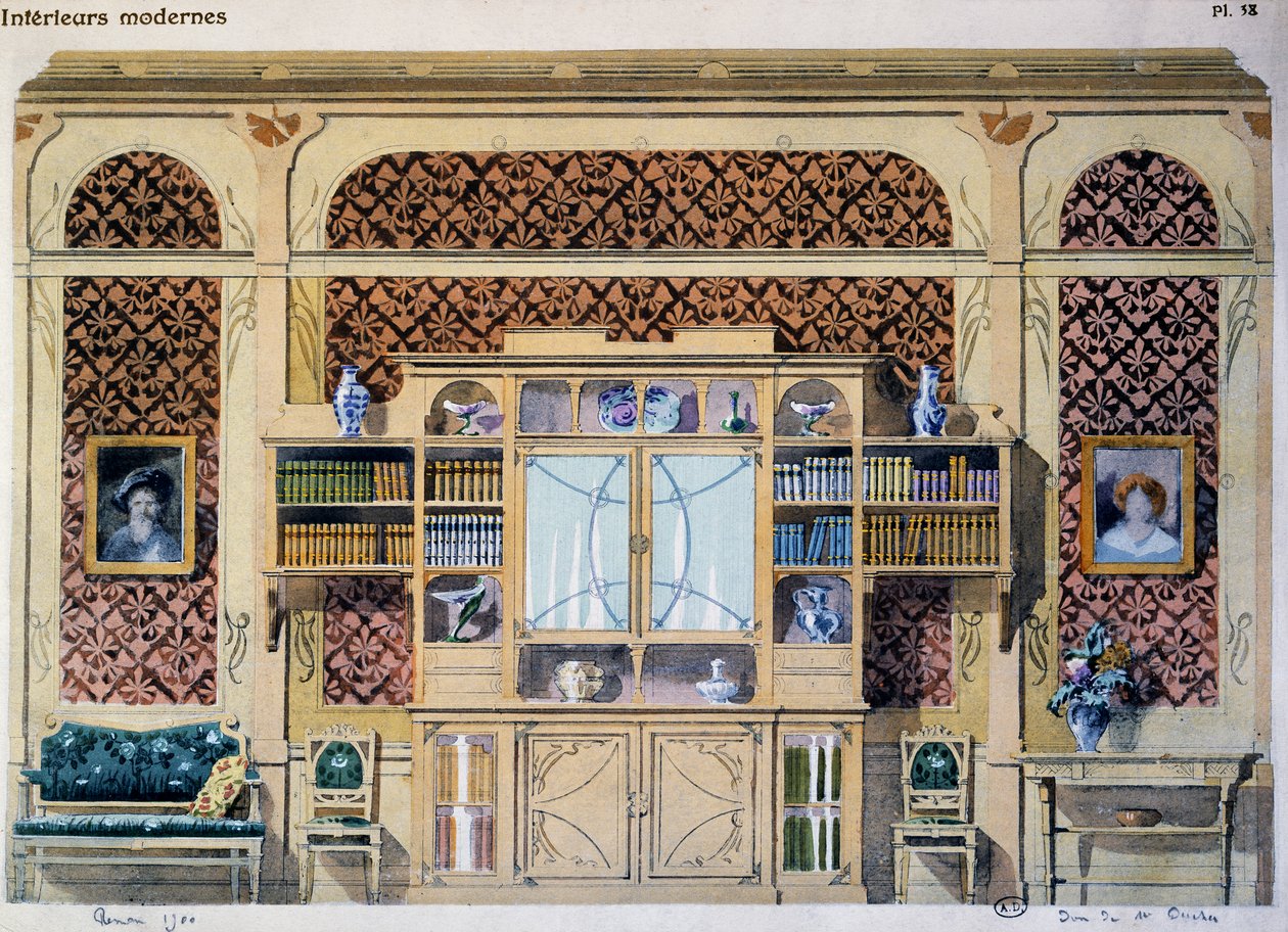 Knihovna v secesním stylu, ilustrace z časopisu Interieurs Modernes (Modern Interiors) od French School