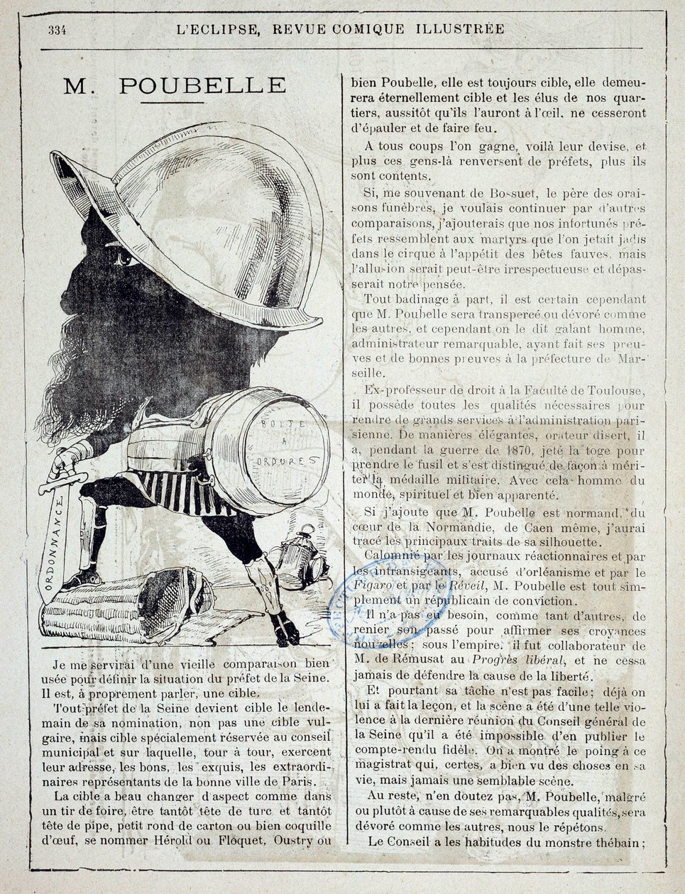 Článek a karikatura o Eugenu Poubelle (1831-1907), prefetě Seiny a vynálezci popelnic v roce 1884. 10.04.1885. Paříž, policejní prefektura od French School