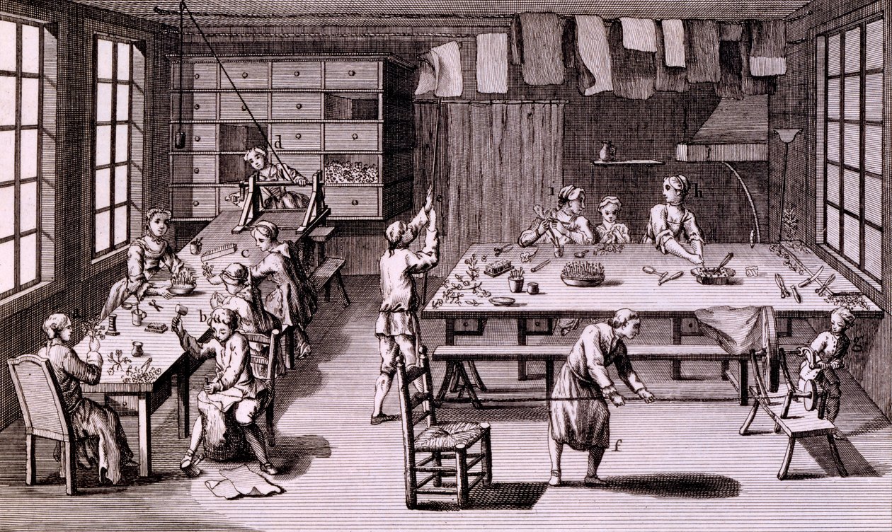 Umělé květinářství, ilustrace z Encyklopedie nebo systematického slovníku věd, umění a řemesel od Denise Diderota, vydáno 1765 od French School