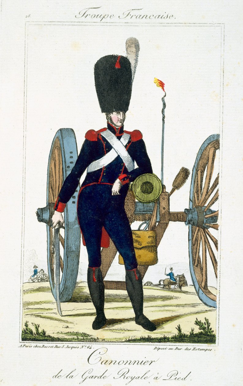Dělostřelec královské gardy s dělem, z Troupes Francaises, hospoda. chez Basset, Paříž, kolem roku 1790 od French School