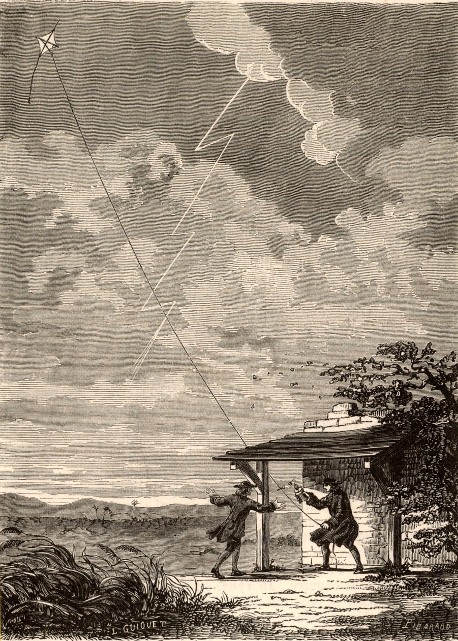 Umělecká imprese zkoumání elektrické povahy blesku Benjaminem Franklinem, z knihy "Les Merveilles de a Science", Louis Figuier, asi 1870 (rytina) od French School