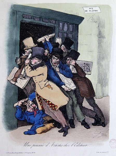Umělci obléhající dveře vydavatele, kolem roku 1830 (barevné lito) od French School