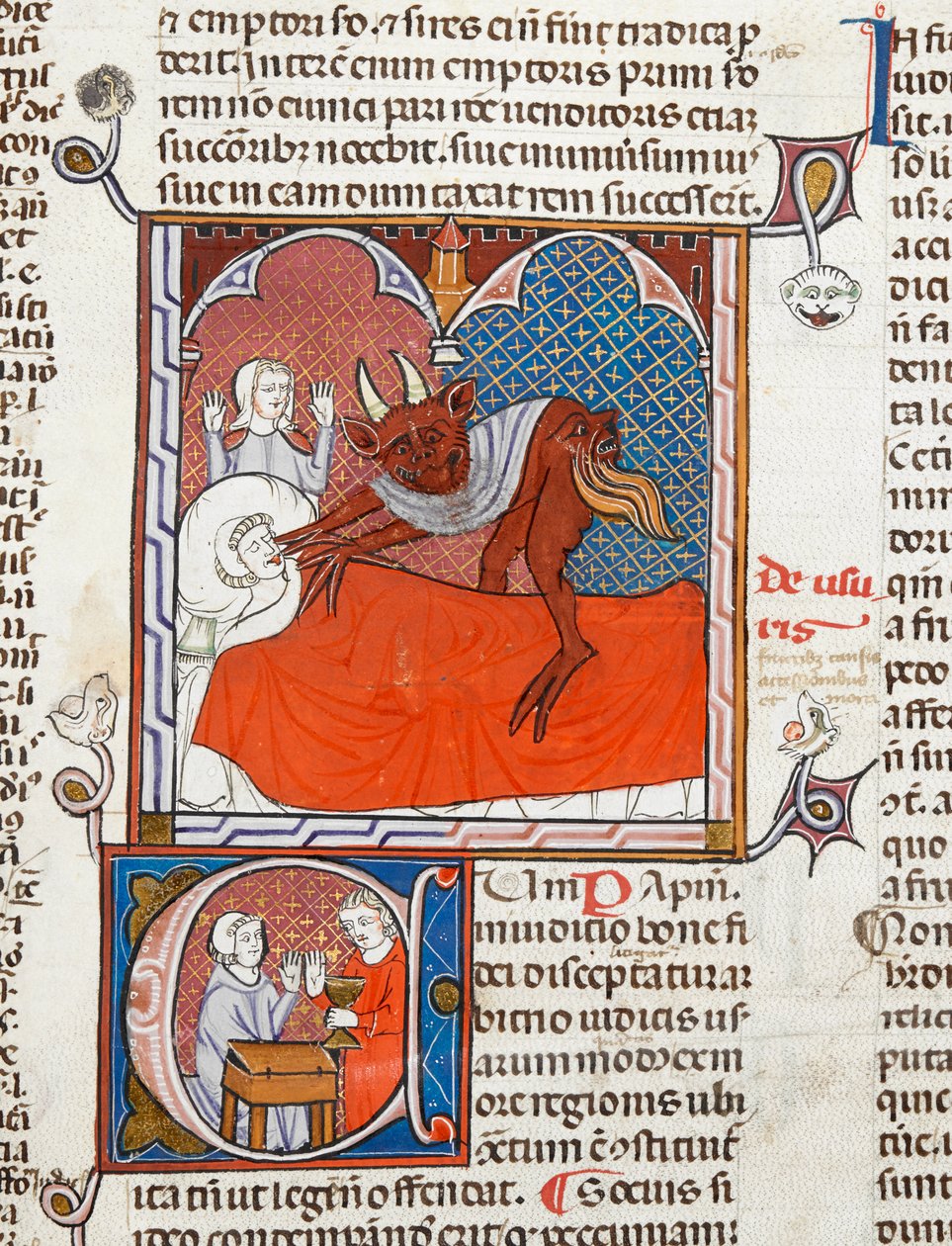Arundel 484 f.245 Ďábel nebo démon na lůžku mrtvé osoby, ilustrace z Digestum Vetus s leskem ordinaria, od Justiniana, kolem 1300-10 (vellum) od French School