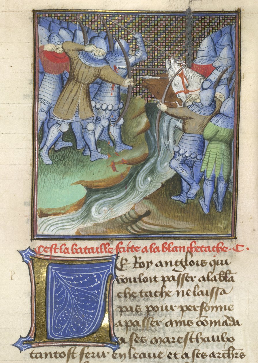 Arundel 67, f.144, Středověcí vojáci bojující přes řeku, z Chroniques d
