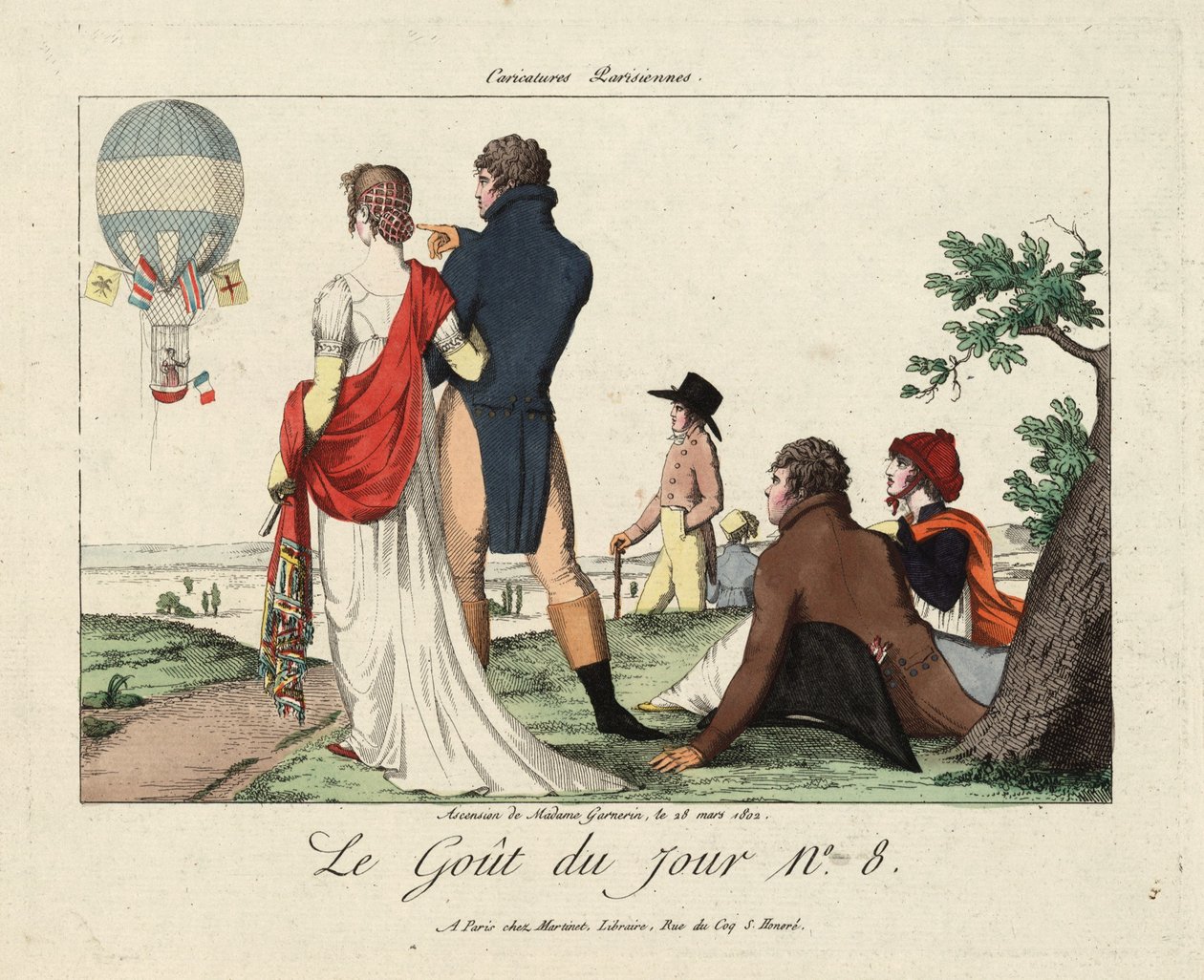 Výstup na Madame Garnerin, 28. března 1802, z Le Gout du Jour č. 8, kolem roku 1870, (ručně kolorovaná rytina) od French School