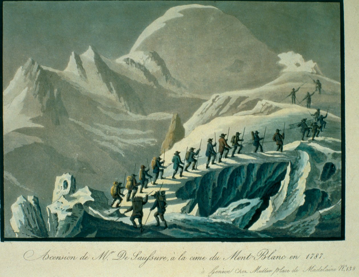 Výstup pana De Saussura na vrchol Mont Blancu v roce 1787, z A Narrative of a Ascent to the Summit of Mont Blanc od Charles Fellows (1799-1860), vydáno 1827 od French School