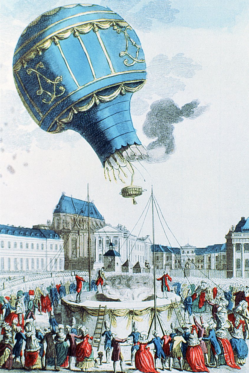 Výstup horkovzdušného balonu bratří Montgolfierů před královskou rodinou ve Versailles v roce 1783 (barevná rytina) od French School