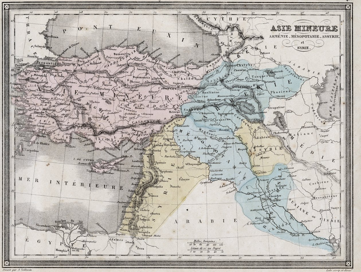 Malá Asie, Arménie, Mezopotámie, Asýrie a Sýrie ve starověku – deska extrahovaná z „“Univerzálního atlasu starověké a moderní geografie pro použití obytných škol““ od Vuillemina – ca. 1845 od French School