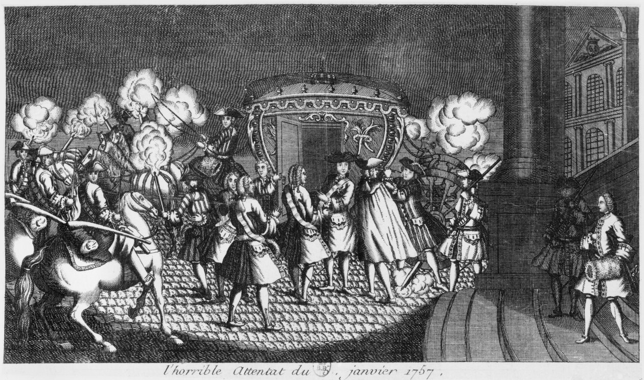Atentát na krále Ludvíka XV (1710-74), který spáchal Robert Francois Damiens 5. ledna 1757. od French School