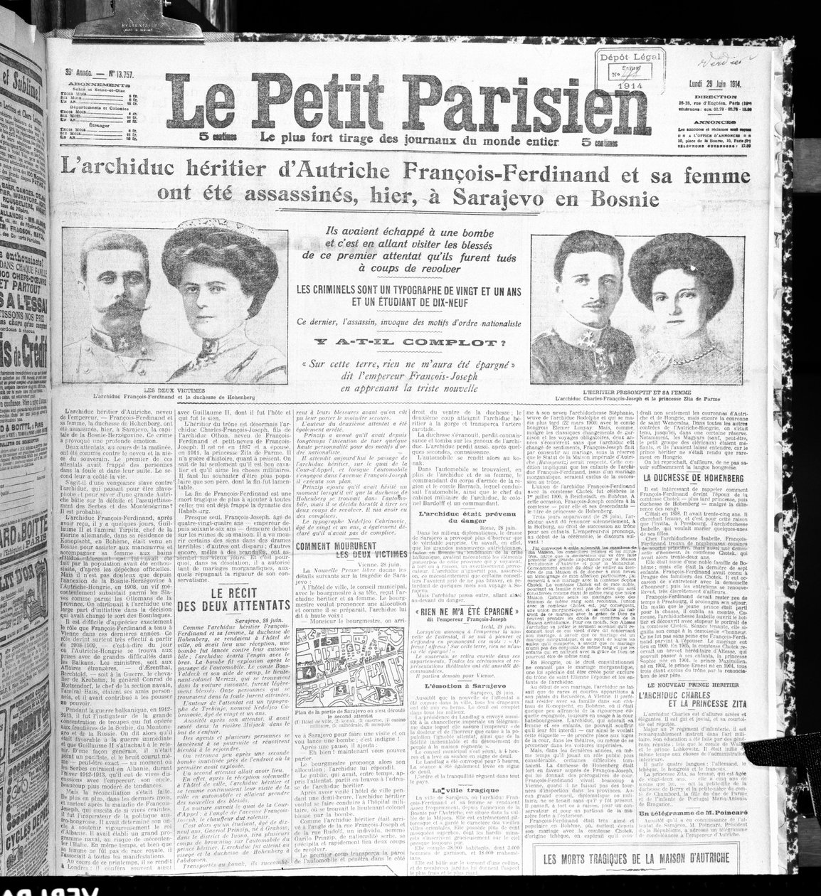 Atentát na arcivévodu Františka Ferdinanda Rakouského (1863-1914) a jeho manželku z Le Petit Parisien, 29. června 1914 od French School