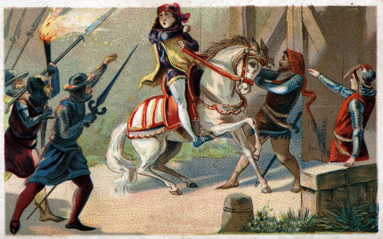 Zavraždění Etienna Marcela, bohatého soukeníka a Prevota obchodníků (1316-1358) echevinem Jeanem Maillartem, jedním z vůdců royalistické strany, v červenci 1358. Chromolitografie konce 19. století. od French School
