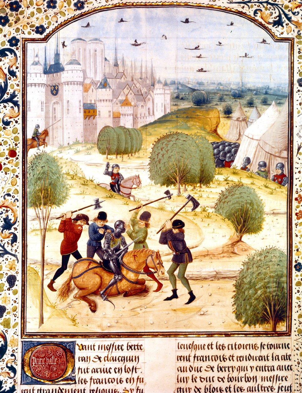 Atentát na anglického rytíře mimo Paříž v roce 1437 (100 let válka) iluminace z Anglických kronik napsaný Jean de Wavrin od French School