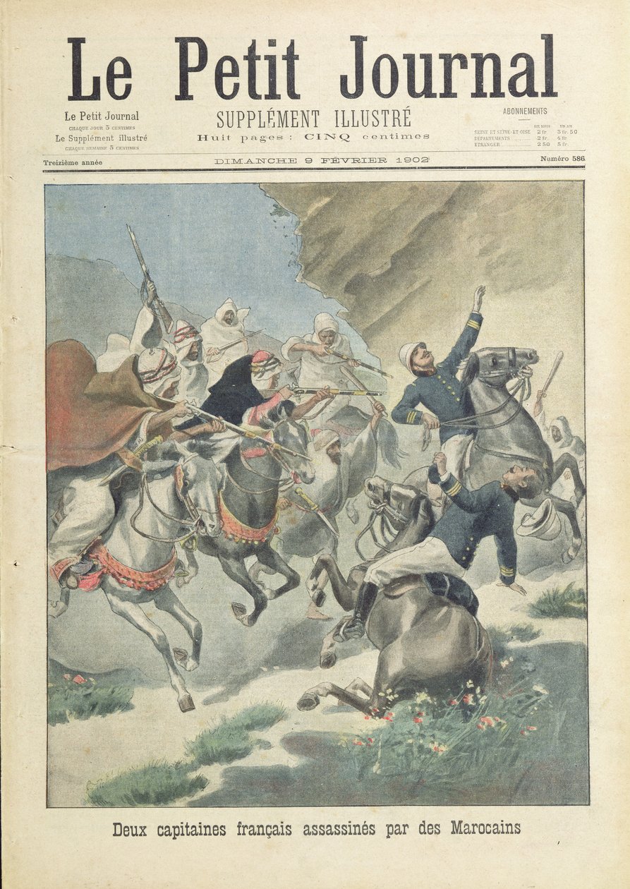 Zavraždění dvou francouzských kapitánů z cizinecké legie Maročany z kmene Beni-Smir, ilustrace na obálce 