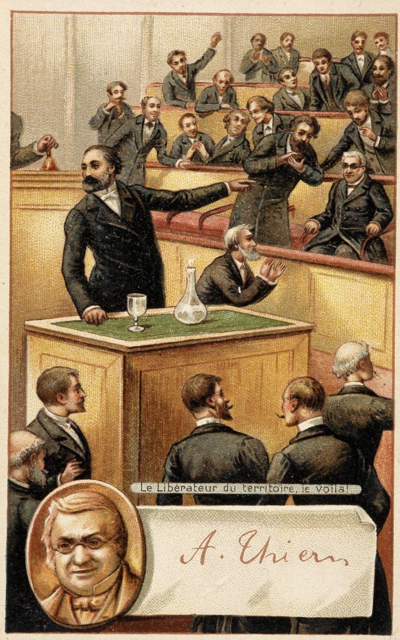 Shromáždění jásající Thiers, „“osvoboditel území““ a portrét v medailonu - chromo., konec 19. stol. od French School