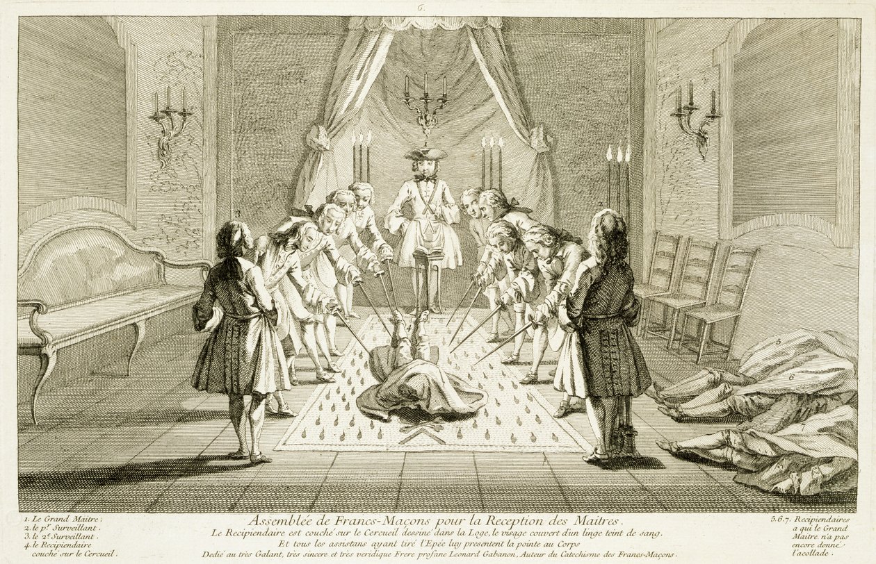 Shromáždění svobodných zednářů k zasvěcení mistra, z knihy Obřady náboženství a zvyků, cca 1733. od French School