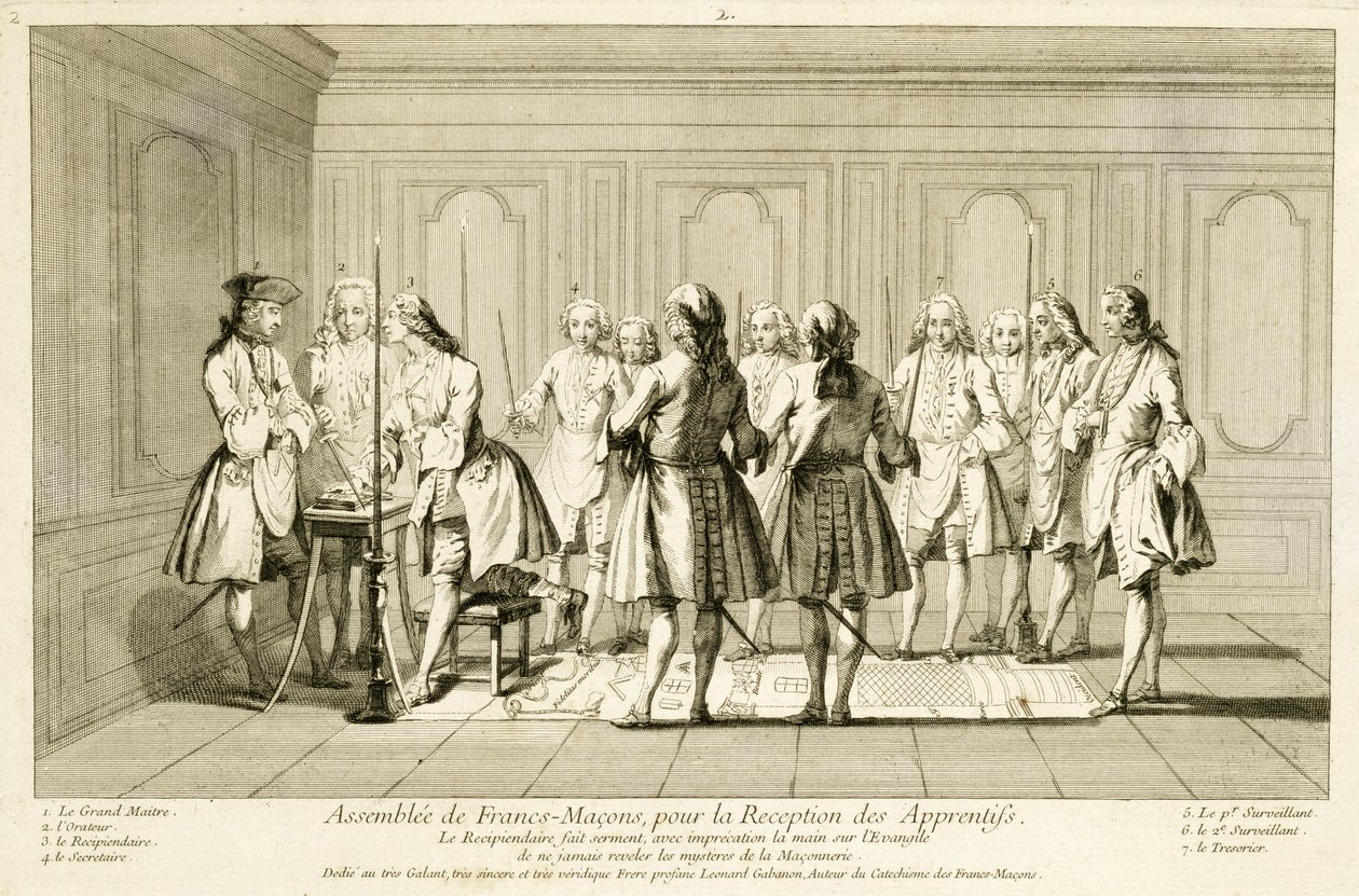 Shromáždění svobodných zednářů k zasvěcení učně, z Obřadů náboženství a zvyků, kolem roku 1733 od French School