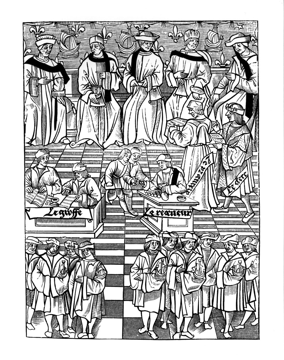 Shromáždění proboštství pařížských kupců po dřevorytu v Ordannances Royaux de la Jurisdiction de la Prevote de Marchands et Eschevinage de la Ville de Paris od Jacquese Nyverda, publis od French School