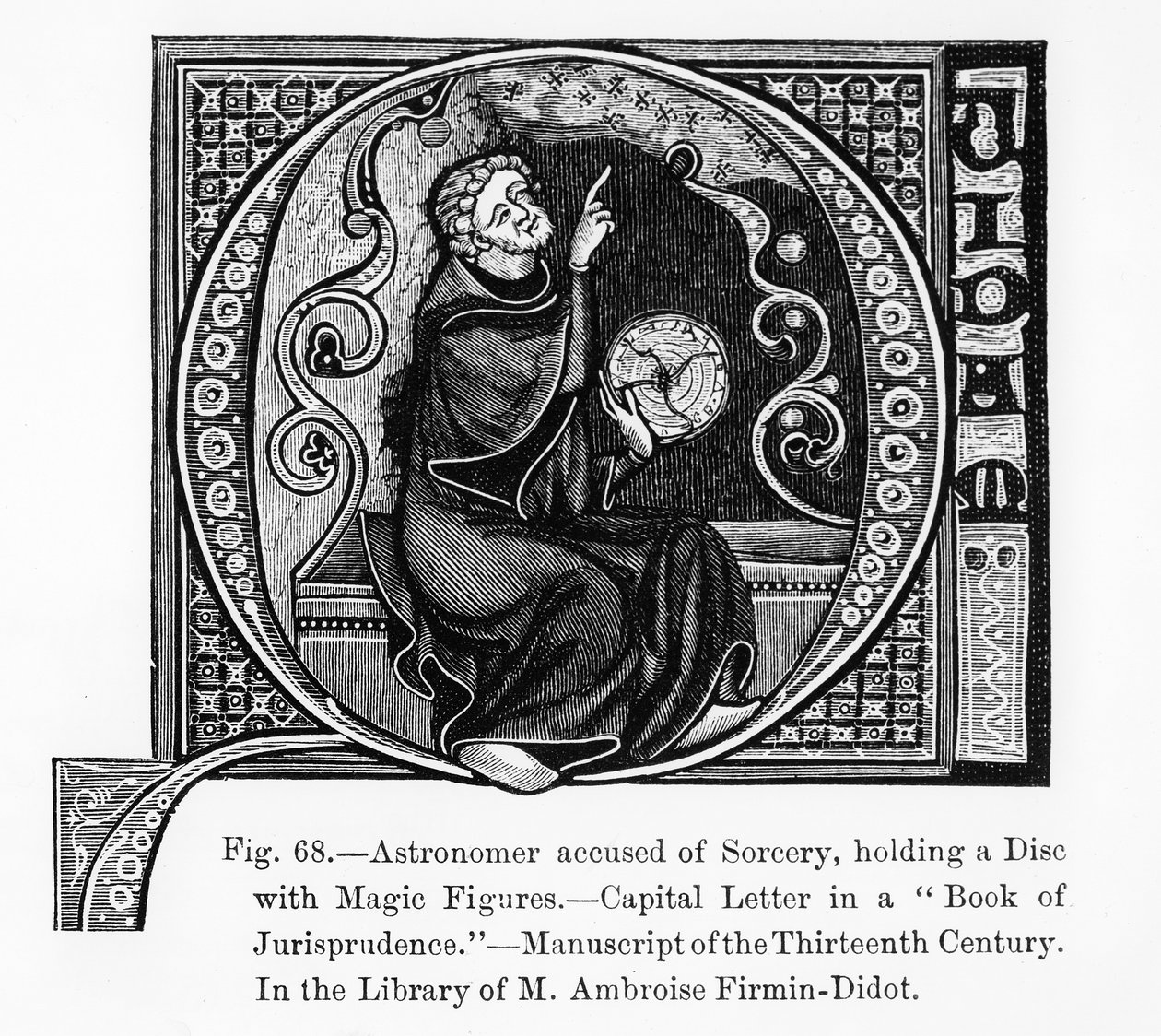 Astronom obviněný z čarodějnictví, držící disk s magickými figurami, z Knihy právní vědy, ilustrace z vědy a literatury ve středověku a renesanci, psané a ryté od French School