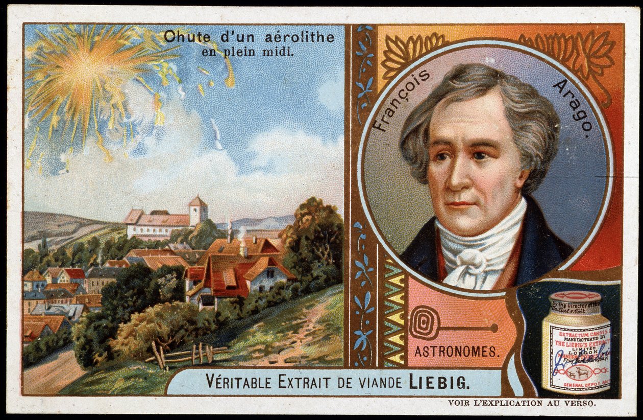 Astronomie: pád aerolitu uprostřed poledne s portrétem Francoise Araga (1786-1853) - Liebigova chromolitografie od French School