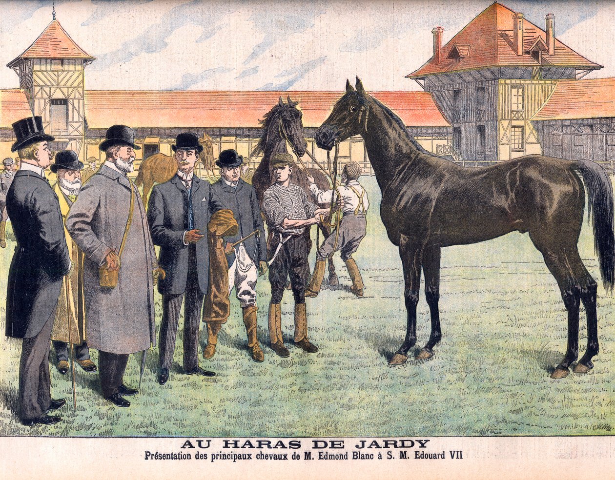 V hřebčíně Jardy u Paříže (Marnes-la-Coquette). Chovatel Edmond Blanc předváděl své nejlepší koně králi Edwardu VII. Stud Jardy. Prezentace hlavních koní pana Edmonda Blanca HM Edouard VII (1841-1910). Ilustrace pro Le petit Journal od French School