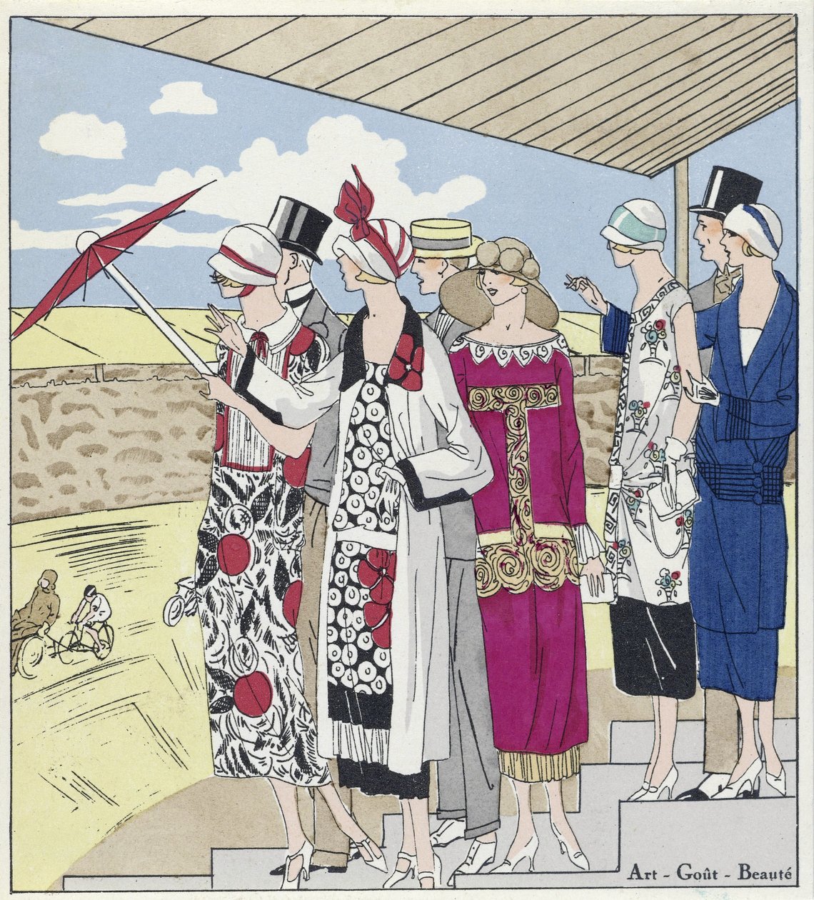 Na velodromu, ilustrace z knihy Art, Gout, Beaute, pub. 1924 (pochoárový tisk) od French School