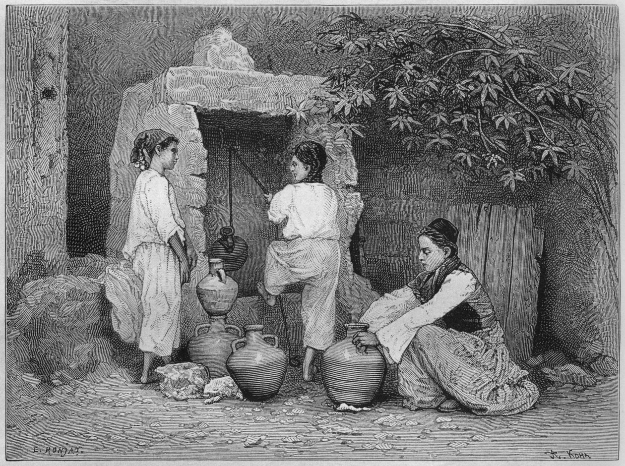 U studny, St. Jean dAcre, dnes ze Sýrie. Cestuje po Fénicii, Libanonu a Judeji. 1875-1880 Louis Charles Emile Lortet, 1884 (č. rytina) od French School