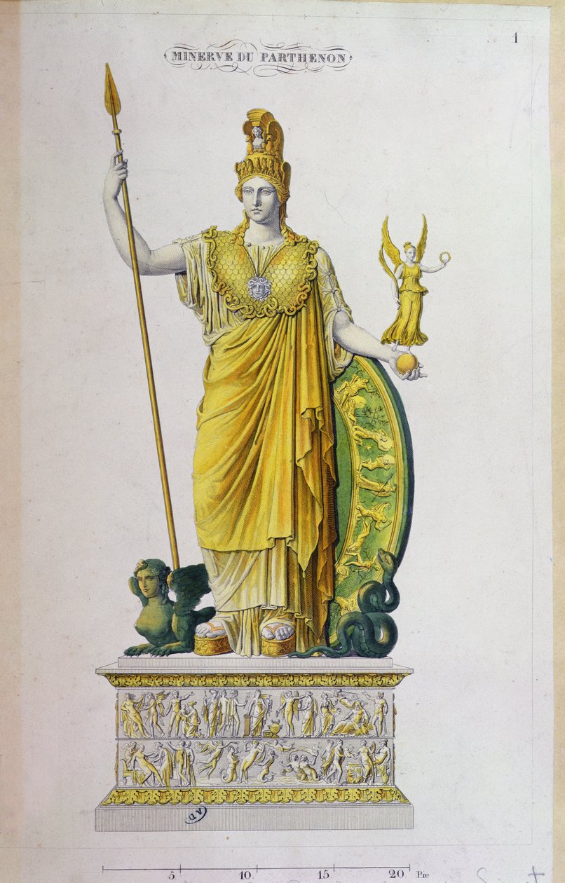 Athena Parthenos, socha z Parthenonu, Atény (barevná rytina) od French School