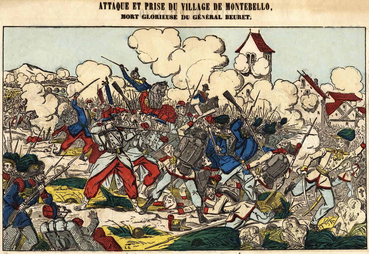 Útok a dobytí vesnice Montebello, slavná smrt generála Beureta v roce 1859. Obrázek Epinal od French School