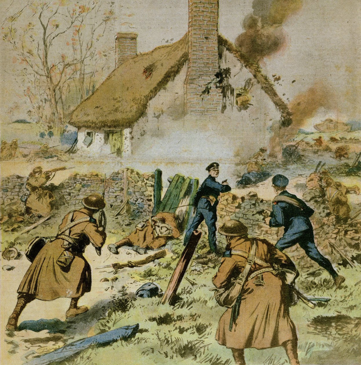 Útok policie a britských jednotek na farmu obsazenou Sinn-Fein, titulní strana Le Petit Journal, 5. prosince 1910 od French School