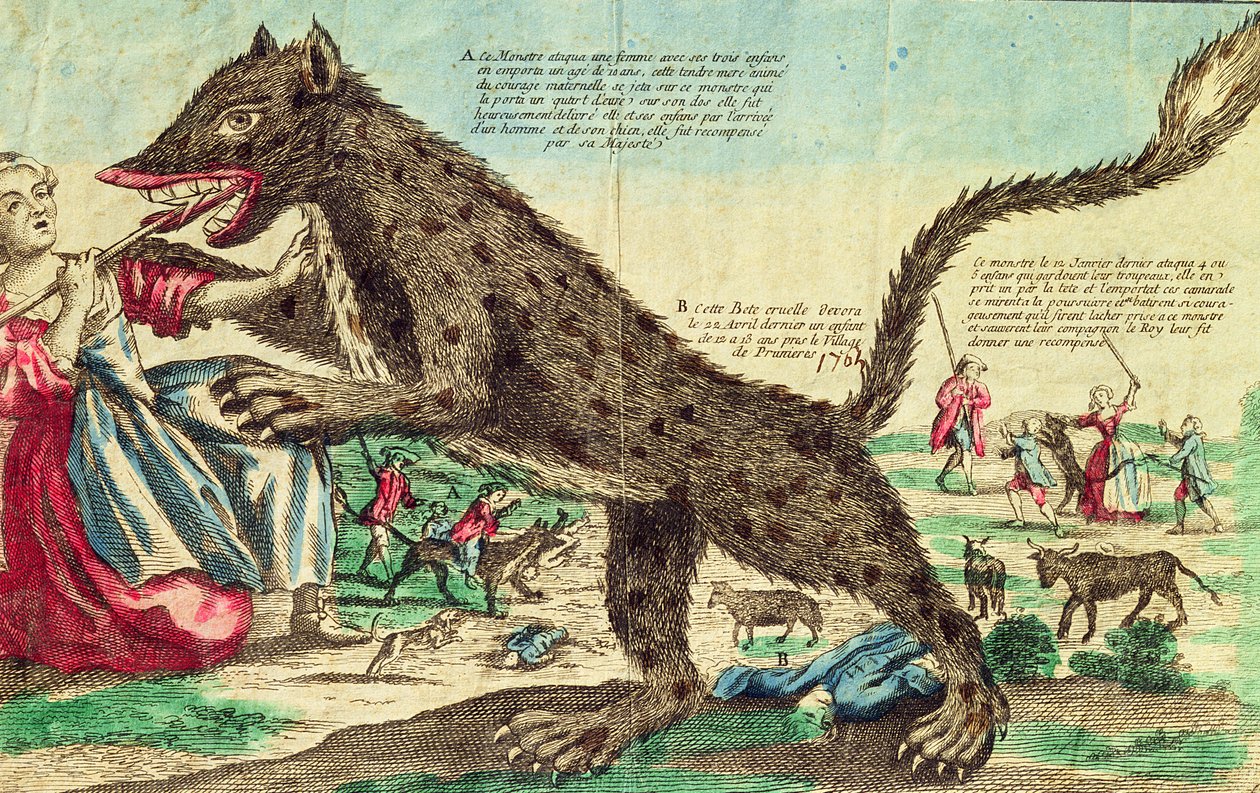 Útoky šelmy z Gevaudanu v roce 1764 (barevná rytina) od French School