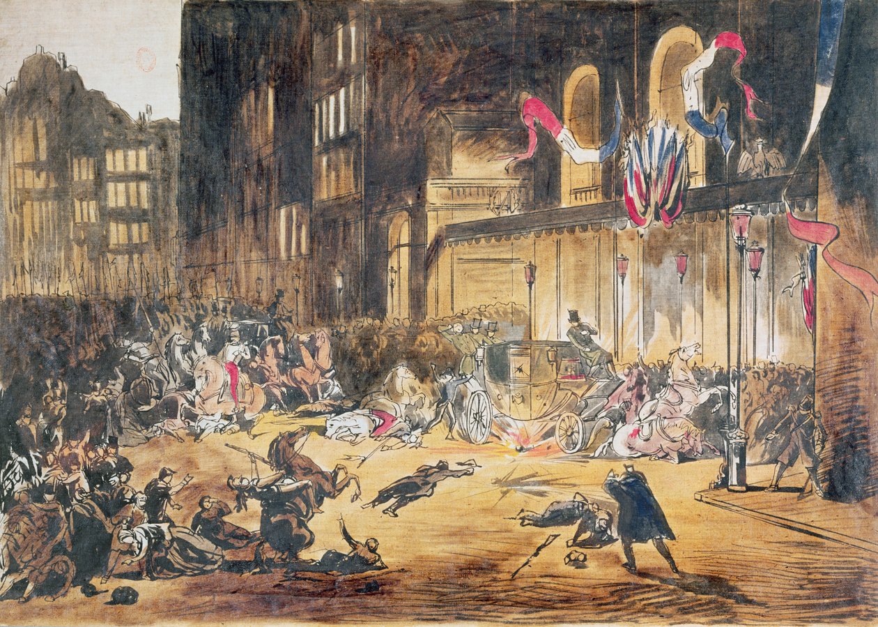 Pokus o život Napoleona III. a jeho manželky Eugenie od Felice Orsiniho a tří kompliců 4. ledna 1858 v Paříži (barevná rytina) od French School