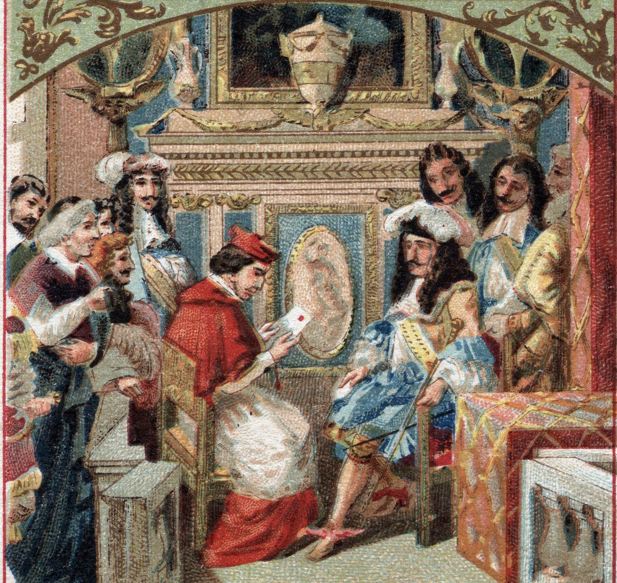 Audience u Legata v králově komnatě (Ludvík XIV?) na zámku ve Versailles. Chromolitografie konce 19. století od French School